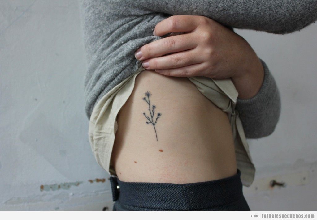 Tatuaje pequeño y bonito chicas, ramas y flores pequeñas en el costado