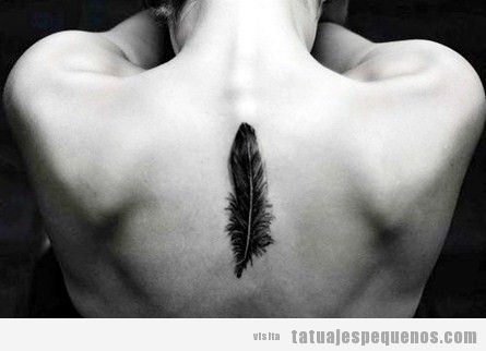 Tatuaje pequeño chica, pluma en la espalda