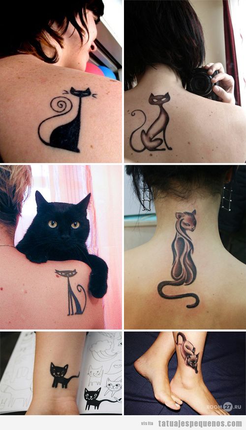 Ideas de tatuajes pequeños de gatos negro en espalda, nuca y tobillo