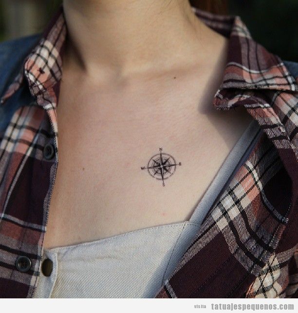 Tatuaje pequeño con brújula o puntos cardinales en el pecho