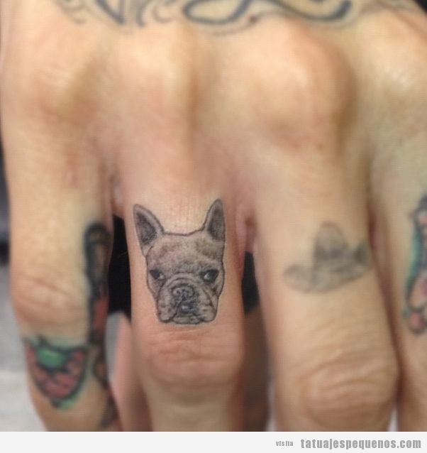 Tatuaje pequeño cara bulldog en el dedo