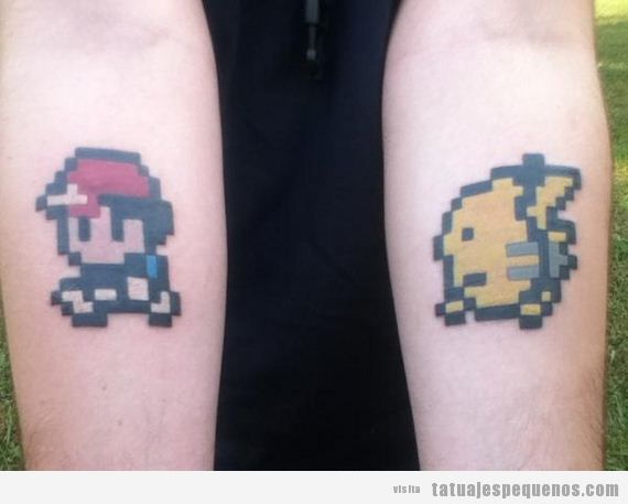 Tatuaje pequeño de Pokémon para hombre y mujer, Ash y Pikachu pixel