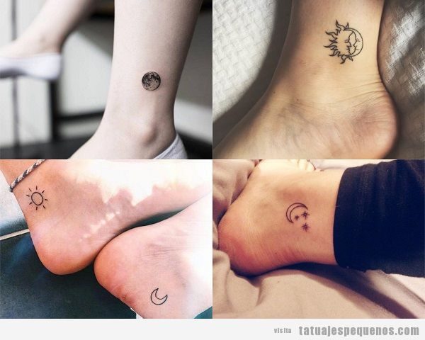 Tatuajes pequeños en el tobillo de sol y luna