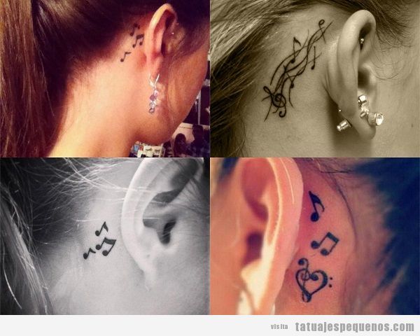 Tatuajes detrás de la oreja para mujer con notas musicales