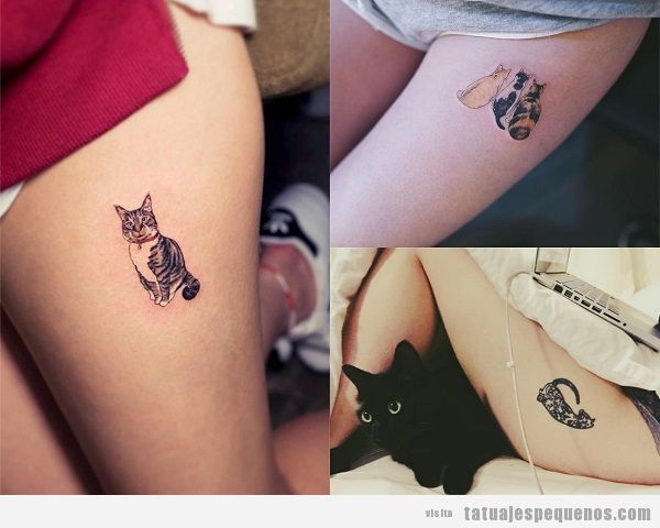 Tatuajes pequeños de gatos en el muslo