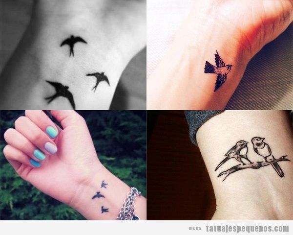 Tatuajes pequeños de pájaros en la muñeca