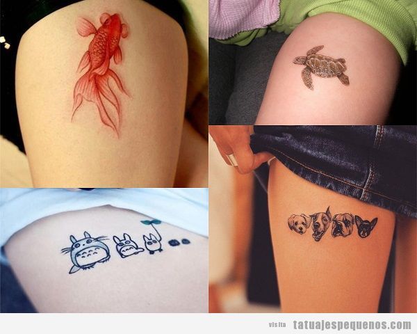 Tatuajes pequeños en el muslo para mujer con animales