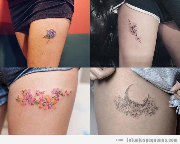 Tatuajes pequeños en el muslo para mujer con flores