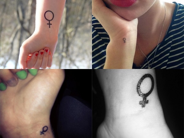 Tatuajes pequeños con significado, símbolo mujer en la muñeca